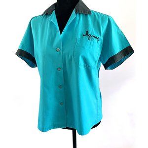 Vintage Womens Bowling Shirt Turquoise Light Blue Size 36 USA Made -Cotton